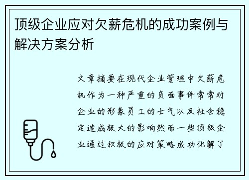 顶级企业应对欠薪危机的成功案例与解决方案分析